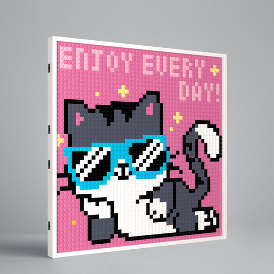 Cool Cat with Sunglasses, Cartoon Leisurely Pixel Art, Lego Compatible Building Blocks DIY Jigsaw Puzzle