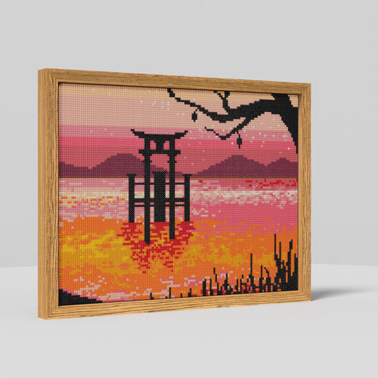 The Lake Surface Glitters in the Sunset, Landscape Theme Diamond Painting, 128*96 Dots, 26 Faces ABS Diamond, Elegant Solid Wood Frame