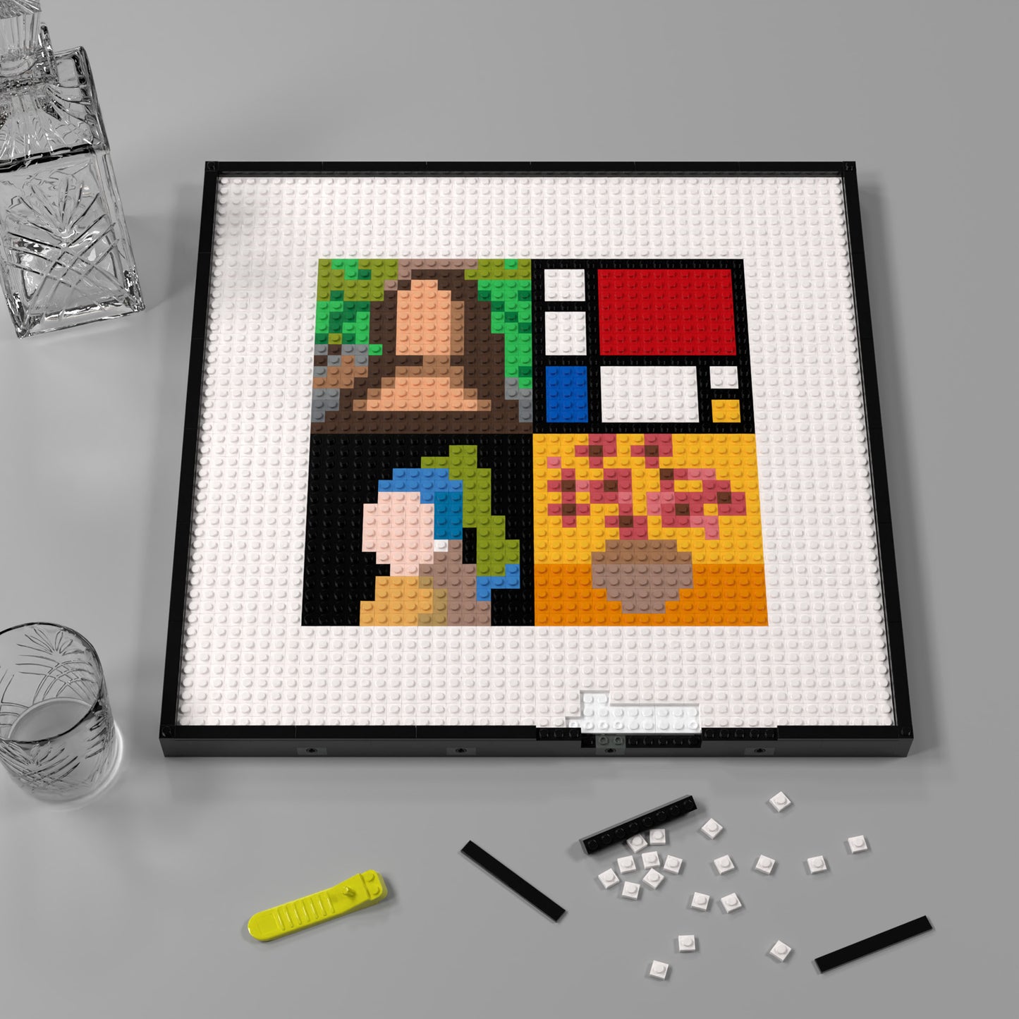 Four Famous Paintings Gathering! Mona Lisa's Smile・Van Gogh's Sunflowers・Girl with a Pearl Earring・Mondrian, Lego Compatible Pixel Art Jigsaw Puzzle