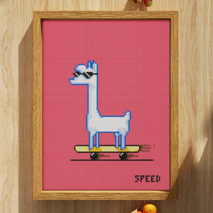 Alpaca Wearing Sunglasses Galloping on the Drawing Board, Simple and Humorous Cartoon Animal Theme Diamond Painting, 96*128 Dots, 26 Faces ABS Diamond, Elegant Solid Wood Frame