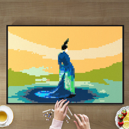 Painting of a Thousand Miles of Rivers and Mountains, Chinese Traditional Landscape Painting Masterpiece Building Block Pixel Painting, 96*64 Dots, 100% Compatible with Lego, Framed