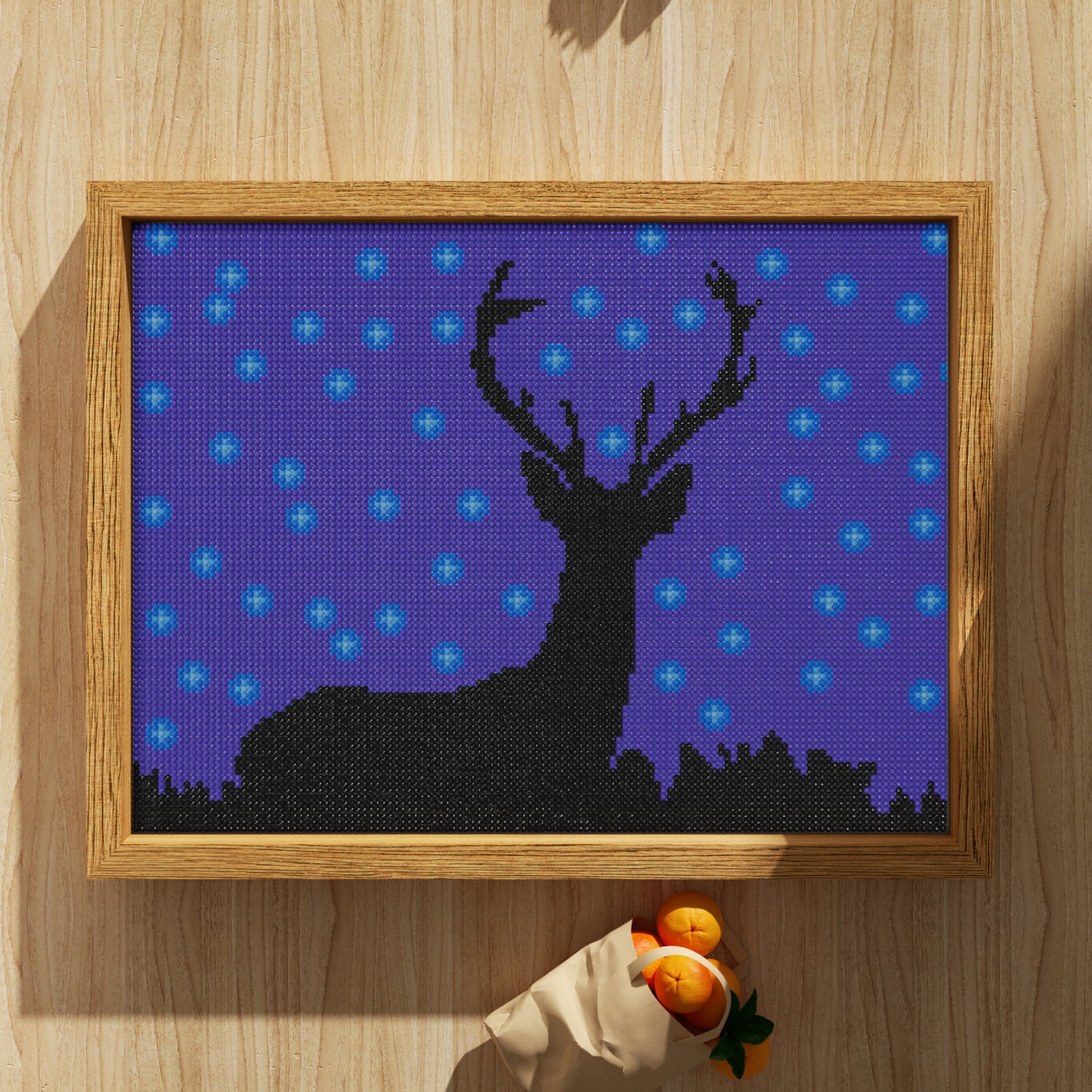 Night, a Deer Looking up at the Purple Sky Full of Stars, Simple Animal Theme Diamond Painting, 128*96 Dots, 26 Faces ABS Diamond, Elegant Solid Wood Frame