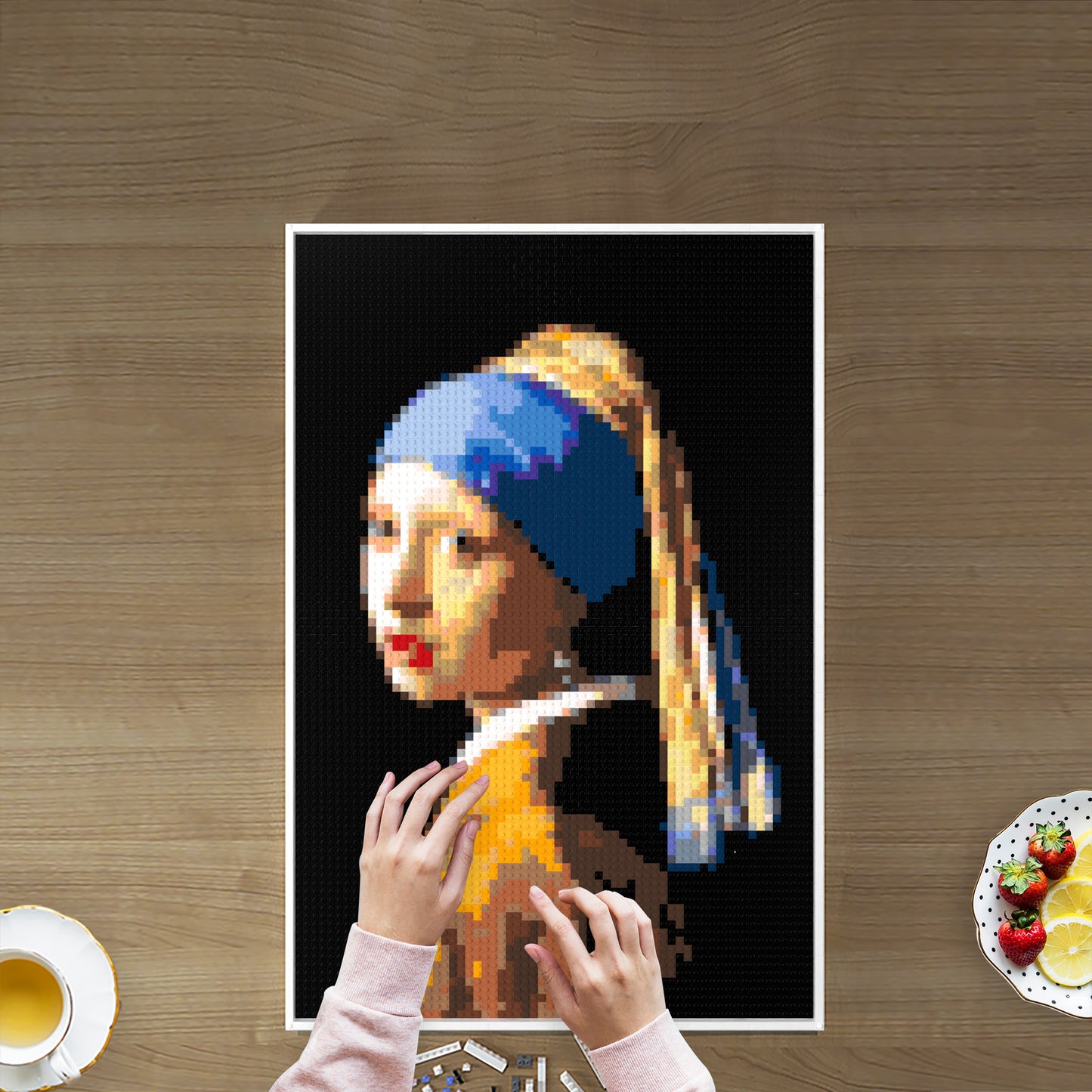 Girl with a Pearl Earring, Dutch Golden Age Masterpiece Building Block Pixel Painting, 64*96 Dots, 100% Compatible with Lego, Johannes Vermeer, Framed