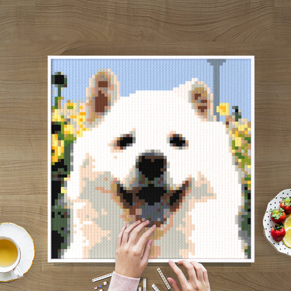 64*64 White Dog Photo Compatible Lego Brick Pixel Art with Frame - 52.8*52.8*1.6cm