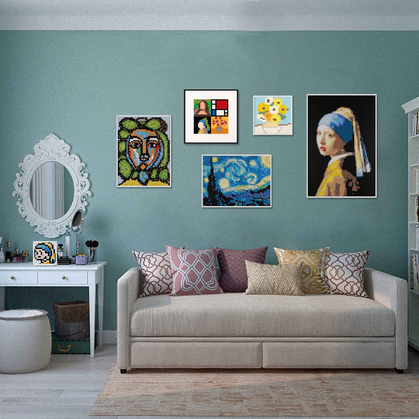 Four Famous Paintings Gathering! Mona Lisa's Smile・Van Gogh's Sunflowers・Girl with a Pearl Earring・Mondrian, Lego Compatible Pixel Art Jigsaw Puzzle