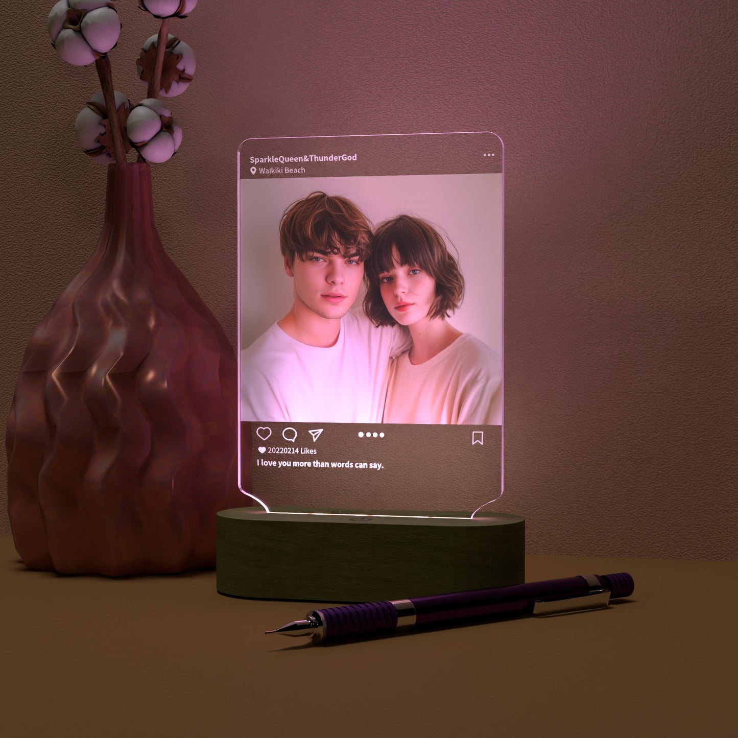 Customizable LED Light Picture Frame with Solid Wood Base and High-Definition Acrylic Panel - Perfect Gift for Expressing Love