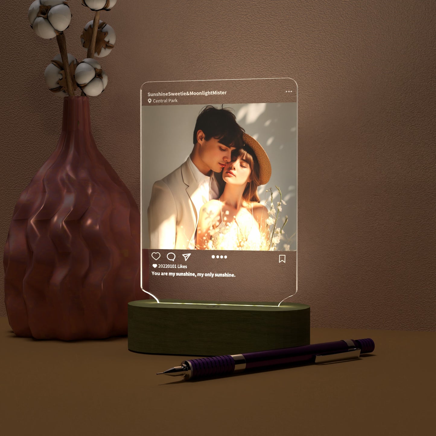 Customizable LED Light Picture Frame with Solid Wood Base and High-Definition Acrylic Panel - Perfect Gift for Expressing Love